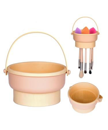 Makeup Brush Cleaning Mat 3 in 1 Silicone Makeup Brush Cleaner Bowl with Drying Holder Limpiador De Brochas De Maquillaje Portable Cosmetic Brush Cleaner Large Beige