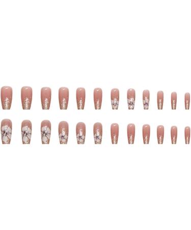 SINLOV Coffin French Camellia Flower False Nails Nude Long Medium Fake Nails Glossy Press on Nails Ballerina Acrylic Full Cover Fake Nails for Women and Girls - Buy Online on GoSupps.com