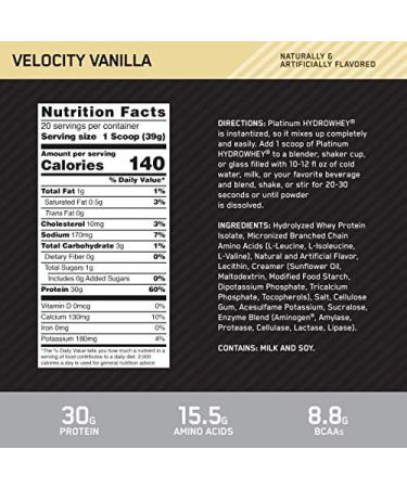 Buy Optimum Nutrition Platinum Hydrowhey Protein Powder - 100% Hydrolyzed Whey Isolate Velocity Vanilla Flavor 1.75 lbs | International Shipping Available - Buy Online on GoSupps.com