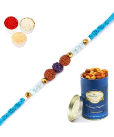 Ghasitaram Gifts Rakhi for Brother Rakhis Online 1907- Rudraksh Rakhi with 100 GMS of Dryfruits Mix Can Rakhi Set with 100 gms of Dryfruits Mix Can