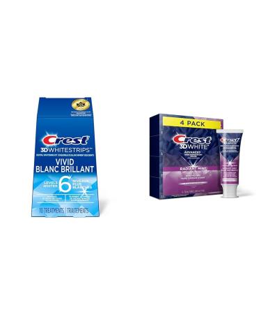 Crest 3D White Teeth Whitening Kit + Crest 3D White Toothpaste Advanced Whitening Radiant Mint (Pack of 4) 10 Treatments+Advanced Whitening