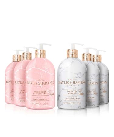 Baylis & Harding Elements Hand Wash Bundle: 3 x 500 ml Pink Blossom & Lotus Flower & 3 x 500 ml White Tea & Neroli (6 bottles) - Vegan Friendly Hand Wash Bundle 6