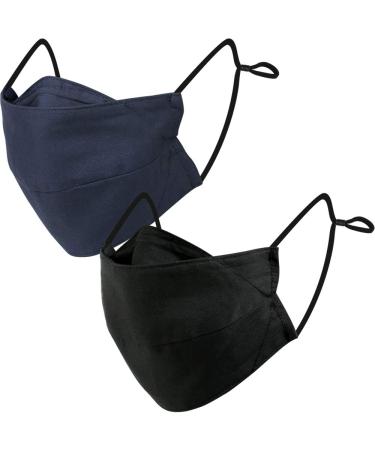 BASE CAMP Reusable Cloth Face Masks 100% Cotton Washable Adjustable Breathable Fabric Mask with Filter Pocket 1black+1blue