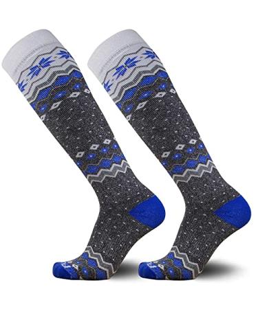 Pure Athlete Ski Socks Women Wool Warm  Skiing Sock Men, Warmest Snowboard Cold Weather Pack 1 Pair - Grey/Blue Large