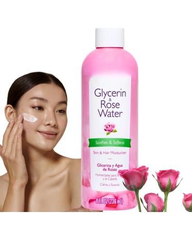 Glycerin and Rose Water Toner and Moisturizer 8 fl oz Hydrating Facial Mist for Skin and Hair Compatible with All Skin Types pH-Balancing Alcohol-Free Soothing Rose Scent