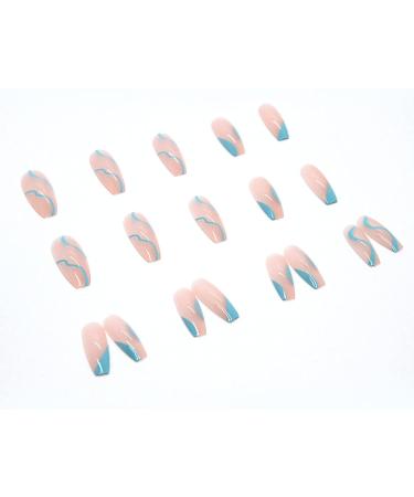 Justotry 24 Pcs Pale Blue Swirl Almond False Nails - Pink Acrylic Press on Stick on Nails for Women | Fake Nails with Glue for Nails Art French Design - Buy Online on GoSupps.com