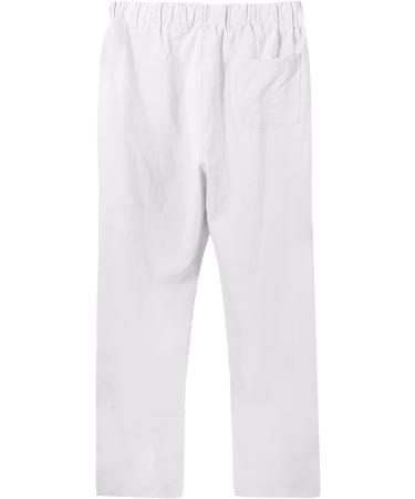 Men's Casual Linen Pants - Elastic Waist Drawstring Cotton Trousers | White XL - Buy Online on GoSupps.com