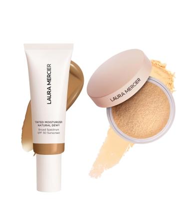Laura Mercier Tinted Moisturizer Natural Dewy with SPF 30 24HR+ Hydration Shade 4W Ochre and Translucent Loose Talc-Free Setting Powder Ultra-Blur: Hyaluronic Acid Infused Shade Translucent Honey B