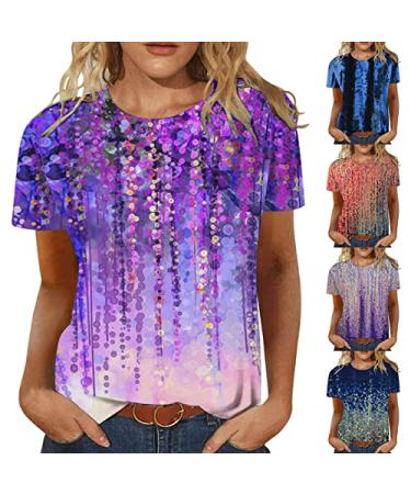 Summer Tops for Women, Womens Short Sleeve Tops Casual Floral Printed Graphic Tees Basic Tops Comfy Blouse T-Shirts A00-purple X-Large