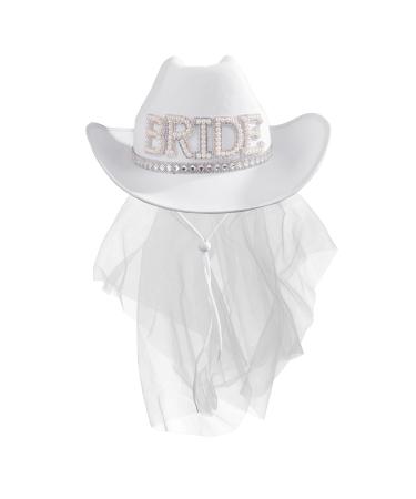 MGupzao Bridal Cowboy Hat and Veil Bachelorette Party White Cowgirl Hat Wedding Bridal Shower Decoration Bride to be Gift Country-Western Bachelorette Novelty