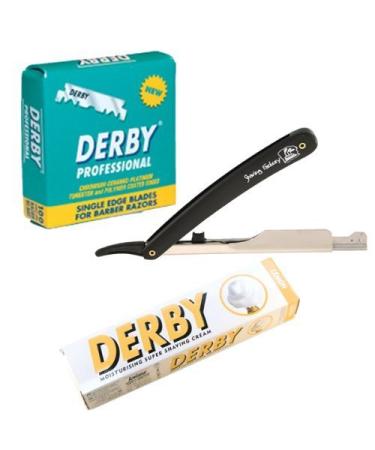 SF209-Shaving Factory Straight Razor (Black) 100 Derby Professional Single Edge Razor Blades and Derby Shaving Cream (Lemon scent). Great Valentines Day Gift Set For Men.