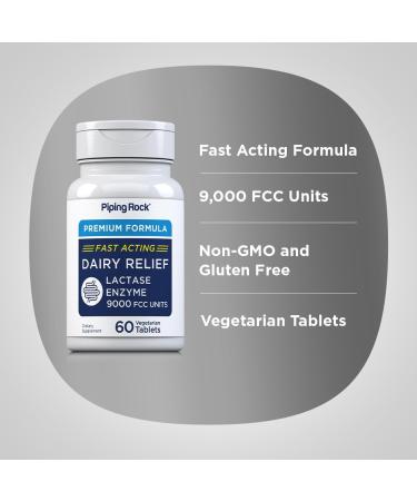 Piping Rock Dairy Relief Pills 9000 FCC | Fast Acting Tablets | 60 Count | Lactase Enzyme Supplement | Premium Formula | Vegetarian Non-GMO Gluten Free - Buy Online on GoSupps.com