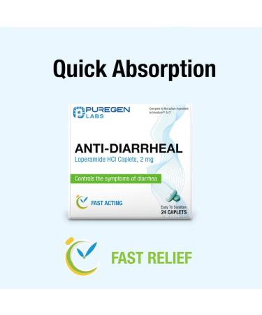 Puregen Labs Anti-Diarrheal Caplets - 24 Count | 2 mg Loperamide Hydrochloride | Easy-to-Swallow Pills for Diarrhea Relief | Stomach Comfort & Symptom Control - Buy Online on GoSupps.com