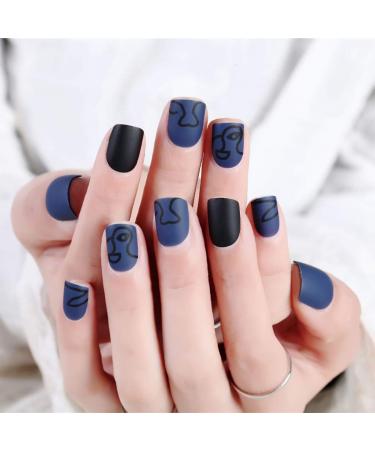 Sethexy Matte Short Square False Fingernails - Abstract Black Acrylic Press-On Nail Tips for Women & Girls | International Shipping Available - Buy Online on GoSupps.com