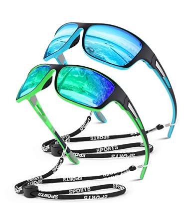 Polarized Sports Sunglasses for Men Women,Fishing Driving Rectangular Goggles UV400 Protection Black Blue Frame/Ice Blue Mirrored Lens+black Green Frame/Bright Green Mirrored Lens