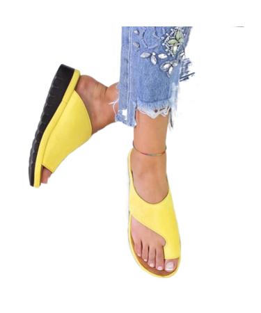 ZUVUYUO Sandals for Women Comfort Bunion Corrector Flat Shoes Orthopedic Toe Ring Slides Flip Flops for Women with Arch Support Summer 43 Yellow