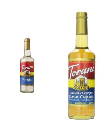 Torani Vanilla Syrup Pet Bottle Vanilla 750 ml. & Classic Caramel Syrup 750 milliliters 750 ml (Pack of 1) Syrup Pet Bottle + Caramel Syrup