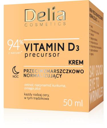 Delia Cosmetics Vitamin D3 Precursor - Anti-Wrinkle Normalising Night Cream All Skin Types Acne Skin Hydrating Regenerating Retinol Niacinamide Tumeric Omega Plus 50ml