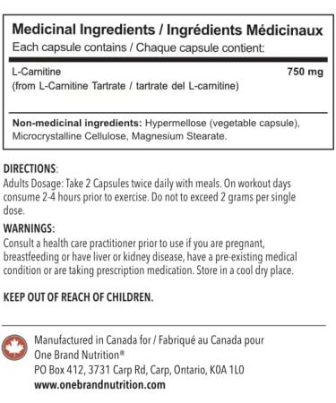 One Brand Nutrition L-Carnitine 750 mg (120 Caps) | Vegan - Buy Online on GoSupps.com