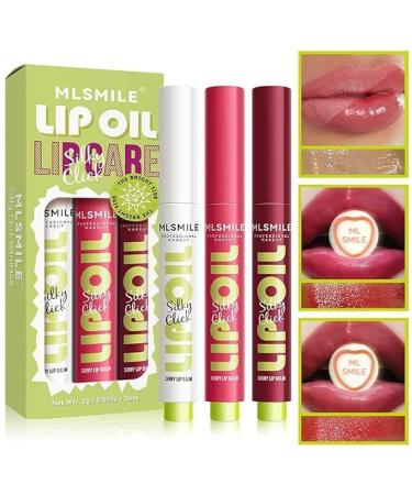 3 Colors Fat Lip Oil Click Slick Non-stick and High Pigment Lip Glow Oil Lightweight Lip Plumper with Coconut Oil Moisturizing and Long-lasting Lip Balm (Set: A)