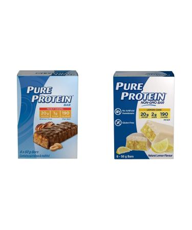 Pure Protein Bars Gluten Free Snack Bars Peanut Caramel 50 gram 6 Count Brown & Bars Non-Gmo 20g Protein Bar No Artificial Sweeteners Lemon Cake Flavor Value Pack 6 count