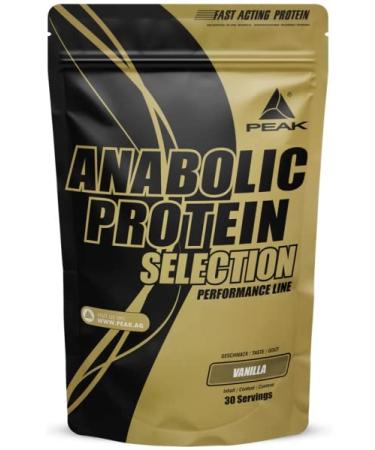 Peak anabolic protein selection - 900g taste vanilla i 30 portions I protein source: whey isolate concentrate hydrolyzate soy protein i added L -leucin i muscle structure