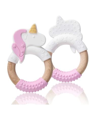 Silicone and Wood Teether Ring in Organic & Natural 100% Food Grade Silicone & Beech Wood Unicorn Teething Toy (Pink-1pack)