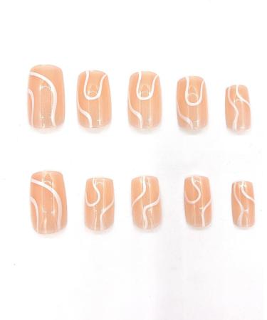 Justotry 24 Pcs White Swirl Fake Nails - Long Nude Press-On Nails with Wavy Patterns - Ballerina Stick-On Nails for Women - Acrylic Coffin False Nails with Glue - Nail Art - Buy Online on GoSupps.com