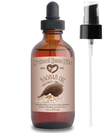 Natural Born Oils 4oz Baobab Oil  100% Pure and Natural  Organic  Cold-pressed  Unrefined  Non-comedogenic  Moisturizing  Includes Pump & Dropper 4 Ounce