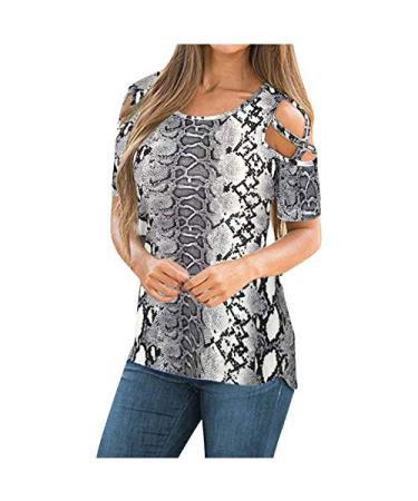 Women's Cold Shoulder Tops Sexy Casual Short Sleeve Strappy Off Shoulder Tshirt Boho Tie Dye Blouses Crewneck Pullover I-gray XX-Large