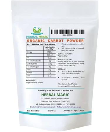 Herbal Magic's Organic Carrot Powder- Earthy & authentic flavour to your recipes smoothies carrot cakes Pasta Dishes Soups Natural Food Colour - No Fillers& Preservatives-200gms Carrot Powder - 200g - Buy Online on GoSupps.com