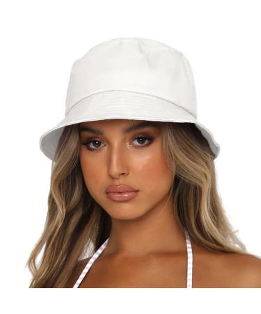 Sydbecs Bucket Hat for Women Men, Reversible Cotton Summer Sun Beach Cap Solid Color Style White