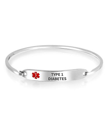 Customizable Engravable Identification Medical ID Sleek Bangle Bracelet for Women Stainless Steel 7 Inch Silver Type 1 diabetes
