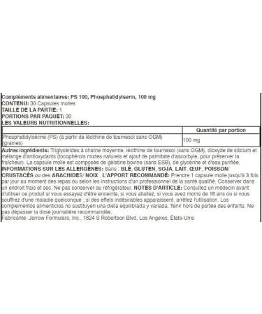 Jarrow Formulas PS 100-30 caps - High Power Brain Supplement Pure Phosphatidylserine Neurological Support and Optimal Cognitive Function - Buy Online on GoSupps.com