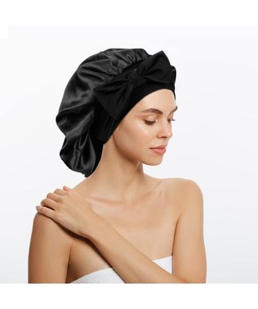 Adjustable Silky Hair Bonnet Set for Women - Black & Wine Red Satin Sleeping Cap - Jumbo Size with Wide Elastic Bands - Buy Online on GoSupps.com