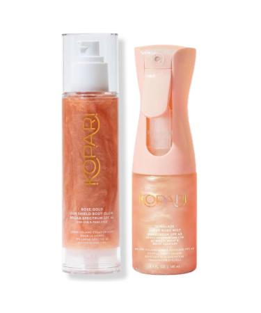 Kopari Sun Shield Body Glow Broad Spectrum SPF 45 in Rose Gold & Rose Gold Sunglaze Sheer Body Mist Sunscreen SPF 42