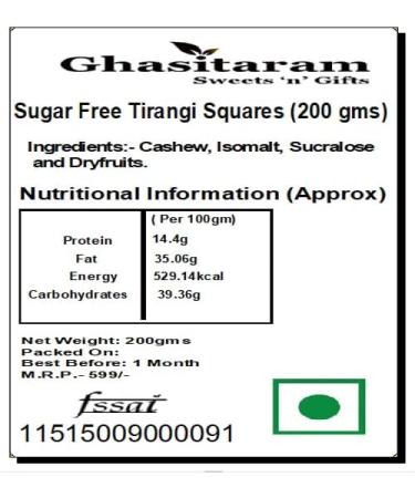 Ghasitaram Gifts Indian Sweets - Sugar Free Tirangi Squares (200 Gms) (200gms) - Buy Online on GoSupps.com