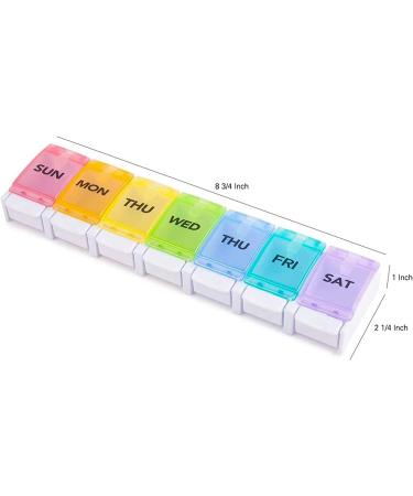 Sukuos Large Weekly Pill Organizer - 7 Day Portable Pill Box for Medications Vitamins & Supplements | Easy Push Button Rainbow Design - Buy Online on GoSupps.com