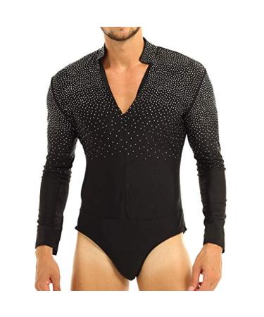 ACSUSS Men's Sequins V Neck Dance Shirts Unitard Ballroom Modern Latin Long Sleeve Dancewear 2# Black Medium