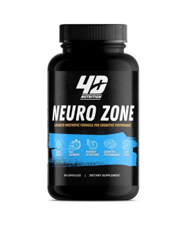 4D NUTRITION Neuro Zone Advanced Nootropic Formula for Cognitive Performance Men & Women Caffeine-Free Focus Concentration Brain & Memory Support 60 Capsules