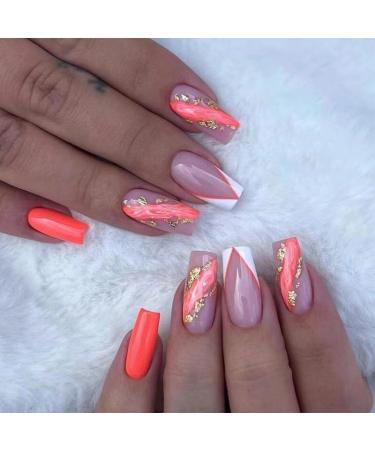 24Pcs Press on Nails Medium French Tips Fake Nails Acrylic Square False Nails Summer Reusable Artificial Nails for Women Girls