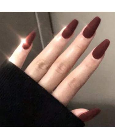 Brishow artificial nails ballerina matt false nails pure color acrylic press full cover stick on the nails 24 pieces for women and girls (brown)