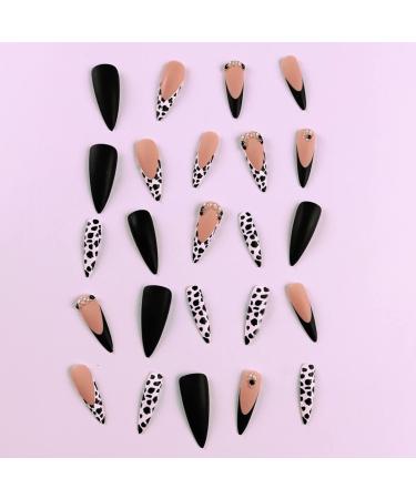 Justotry 24-Piece Cow Print Stiletto Press-On Nails | Black French Artificial Nails & Matte Almond Art | Trendy Fingernails for Women - Buy Online on GoSupps.com