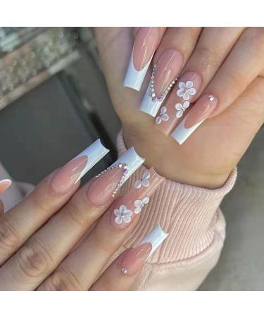 Flower Press on Nails Super Long French Fake Nails Acrylic Coffin Full Cover Nail Tips with White Flowers Rhinestones Luxury Design Nail Glue for Nails Press on Artificial False Nails for Women 24PCS