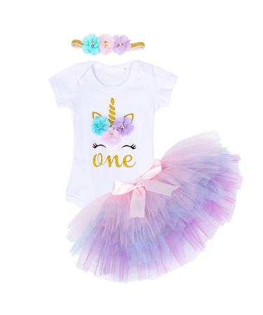 WonderBabe Baby Girls Romper Tulle Tutu Skirt 1st Birthday Short Sleeves Rompers Tops Kids Outfit Clothing Sets B072-purple 1 Year