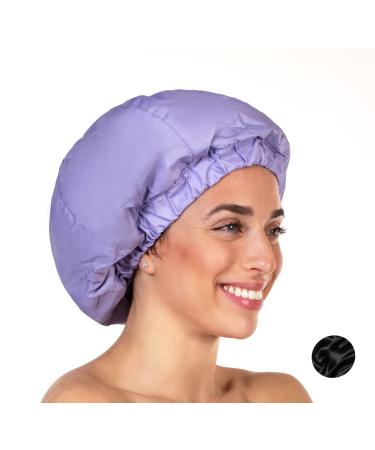 Premium Shower Cap for Women with Long Hair. Reusable 100% Waterproof Double-Sided Great For Curls with Satin Silk Anti-Frizz Cloth. Lilac Shower Caps For Women