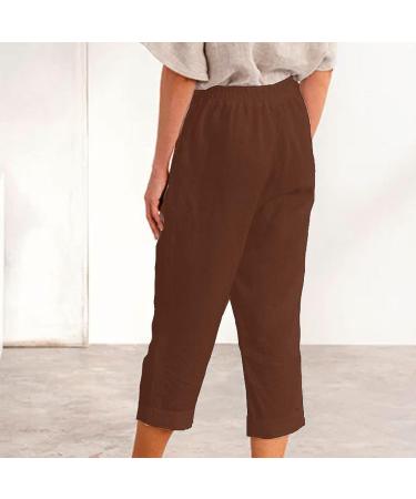 Gufesf Women's Plus Size Linen Capris Pants Coffee - Small | Wide Leg Summer Crop Pants with Pockets - Buy Online on GoSupps.com