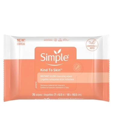 Simple Kind to Skin Instant Glow Facial Cleansing Wipes Face Wipes Makeup Removal Wipes Removes Waterproof Mascara 25 Wipes Count
