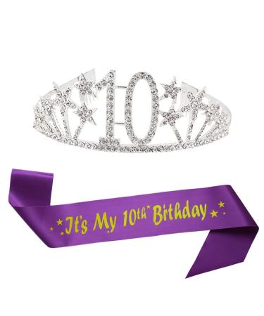 Happy 10th Birthday Tiara and Sash Gifts Crystal Rhinestone Princess Crown Birthday Girl Party Favor Supplies Silver Crowns Purple Sash Color-010 One Size