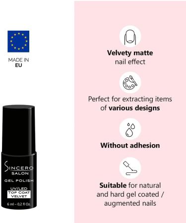 Sincero Salon - Top Coat Gel Polish Velvet Matt - For UV Gel Nail Polish - No Wipe Gel Top Coat - Nail Gel Polish - Gel Nails - Matte Finish - Smooths Nail Irregularities - Long Lasting - Buy Online on GoSupps.com